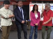 Ugo Spagnuolo,Luca Loffredo,Monica Lozzi e Ninetto Davoli intervenuti alla presentazione del Murale VUOTI DI MEMORIA di Ugo Spagnuolo  